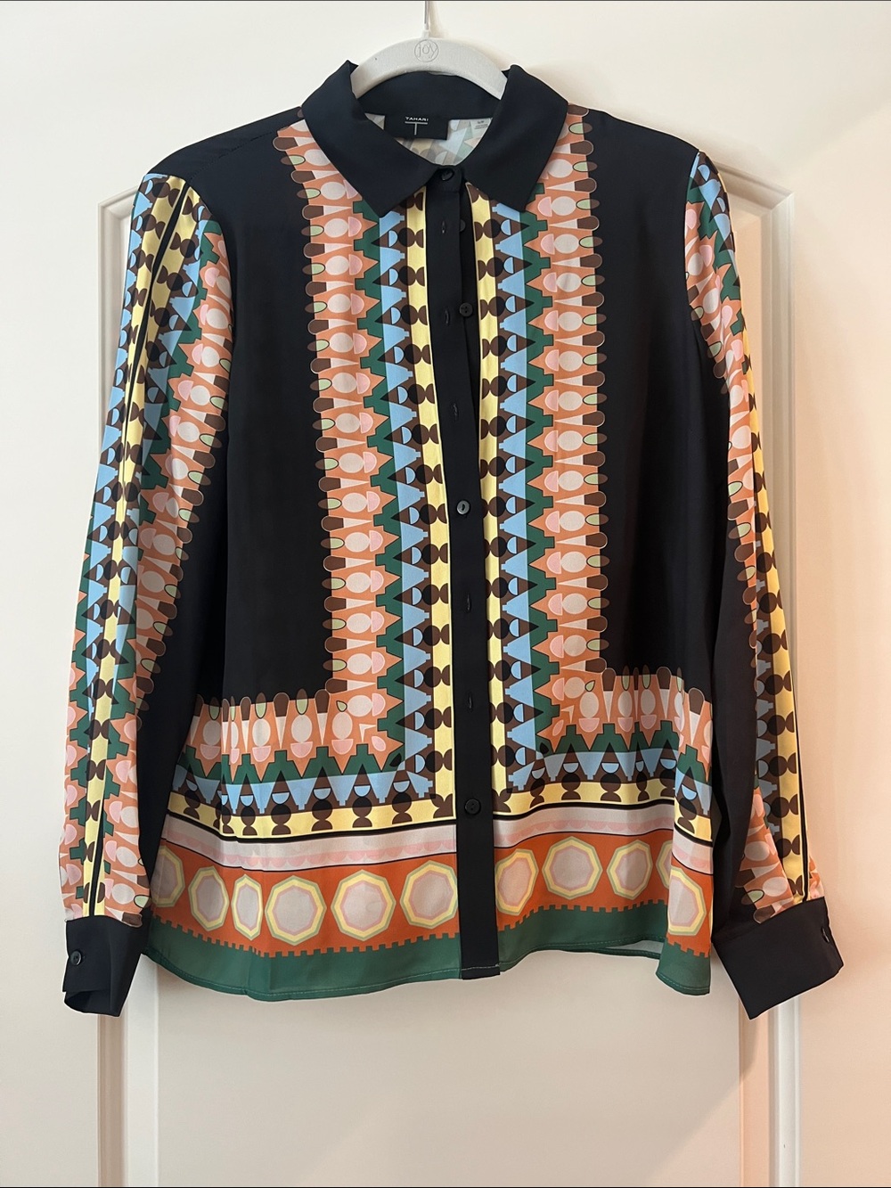 Tahari Black Button-Up Blouse with Multicolor Geometric Print